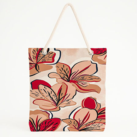 Koyu Konturlu Çiçek Desenli Pastel Sanatsal Plaj Çantası
