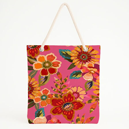 Pembe Zeminli Büyük Çiçek Desenli Canlı Bahar Plaj Çantası