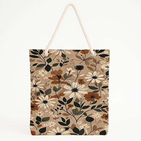 Toprak Tonlu Çiçek Desenli Zarif Doğa Temalı Plaj Çantası