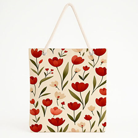 Simetrik Çiçek Desenli Bej Zeminli Zarif Plaj Çantası