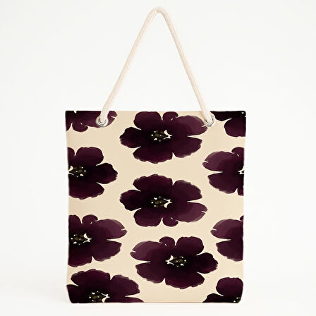 Koyu Mor Çiçek Desenli Bej Zeminli Simetrik Plaj Çantası
