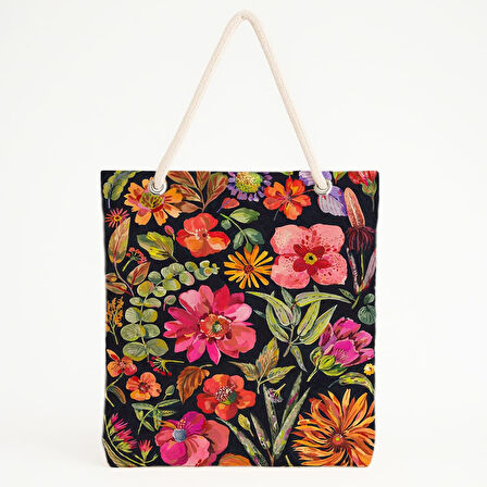 Koyu Zeminli Parlak Çiçek Desenli Enerjik Plaj Çantası