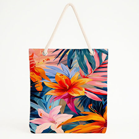 Tropikal Çiçek Desenli Renkli Yapraklı Plaj Çantası