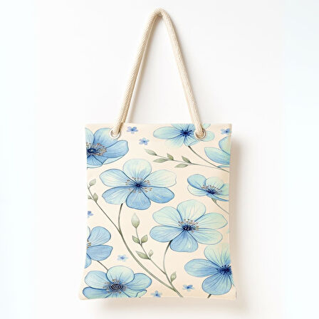 Mavi Çiçek Desenli Bej Zeminli Zarif Bahar Plaj Çantası