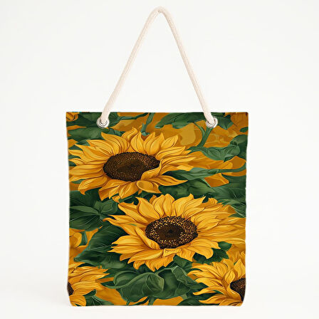 Ayçiçeği Desenli Yeşil Zeminli Parlak Yazlık Plaj Çantası