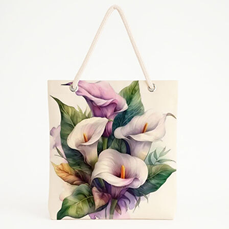 Calla Lily Desenli Bej Zeminli Suluboya Bahar Plaj Çantası
