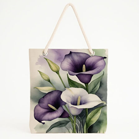 Mor Calla Lily Desenli Suluboya Zeminli Zarif Plaj Çantası