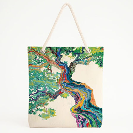 Renkli Ağaç Desenli Bej Zeminli Soyut Sanat Plaj Çantası
