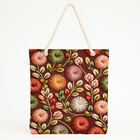 Dairesel Çiçek Desenli Kahverengi Zeminli Plaj Çantası