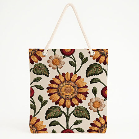 Ayçiçeği ve Beyaz Çiçek Desenli Krem Zeminli Plaj Çantası