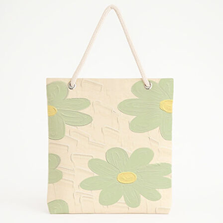 Yeşil Çiçek Desenli Fırça Dokulu Krem Zeminli Plaj Çantası