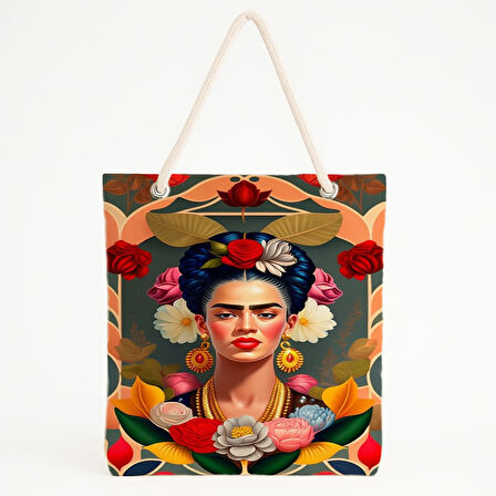 Folklorik Portre Desenli Sıcak Tonlu Sanatsal Plaj Çantası