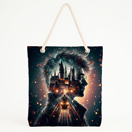 Hogwarts Silüetli Fantastik Sahne Desenli Plaj Çantası