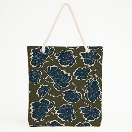 Zeytin Yeşili Lacivert Çiçekli Plaj Çantası