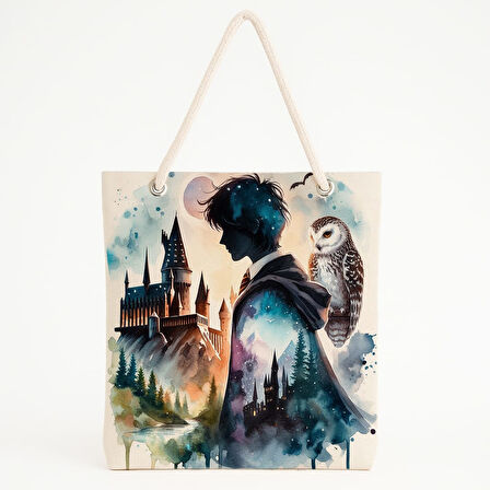 Harry ve Hedwig Silüetli Suluboya Plaj Çantası