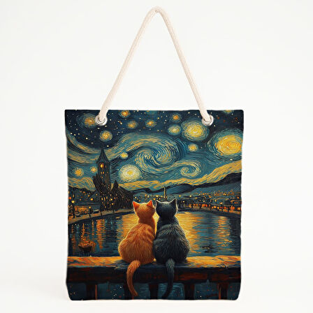 Yıldızlı Gece ve Kedi Silüetli Plaj Çantası