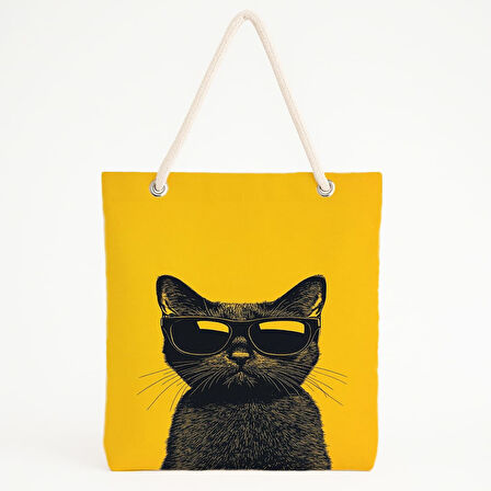 Sarı Fonlu Gözlüklü Kedi Desenli Plaj Çantası