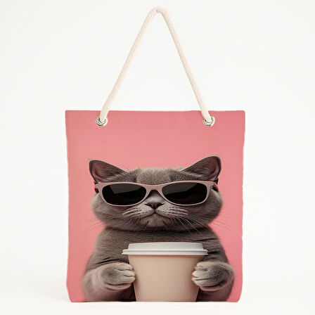 Kahve Kupalı Gözlüklü Kedi Temalı Plaj Çantası