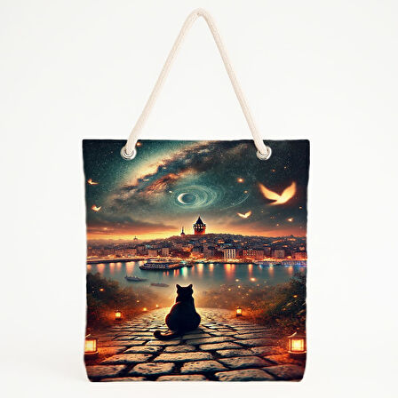 Galata ve Kara Kedi Temalı Plaj Çantası