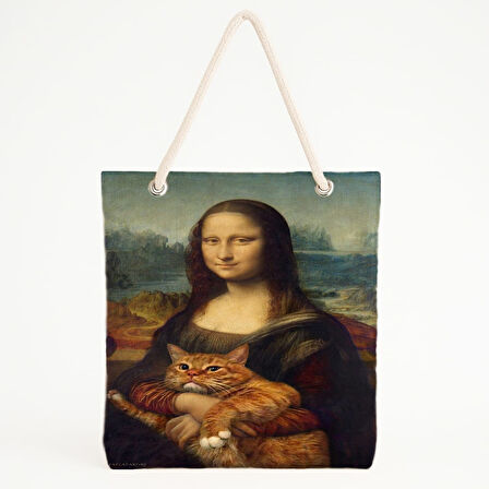 Mona Lisa ve Turuncu Kedi Temalı Plaj Çantası