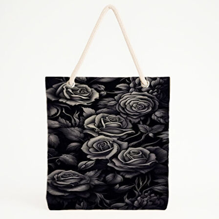 Yoğun Siyah Gül Desenli Gotik Plaj Çantası