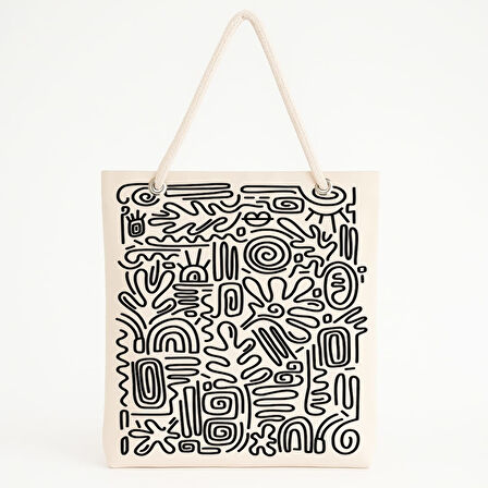 Bej Zeminli Soyut Siyah Desenli Plaj Çantası