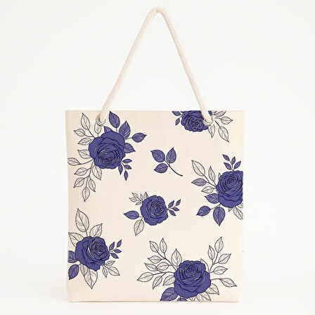 Bej Zeminli Mor Gül Desenli Plaj Çantası