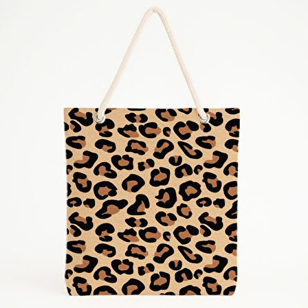 Bej Zeminli Leopar Desenli Plaj Çantası