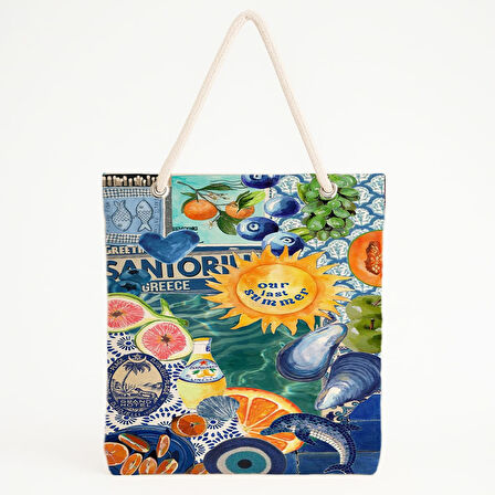 Santorini Temalı Renkli Desenli Plaj Çantası