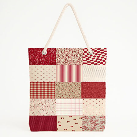 Kırmızı-Bej Motifli Patchwork Plaj Çantası