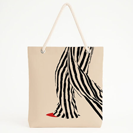 Bej Zeminli Yürüyen Figür Desenli Plaj Çantası