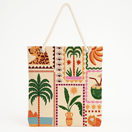 Tropik Panelli Vahşi Doğa Desenli Plaj Çantası