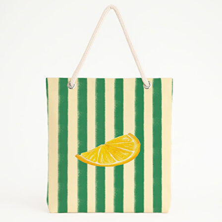 Yeşil Çizgili Limon Desenli Plaj Çantası
