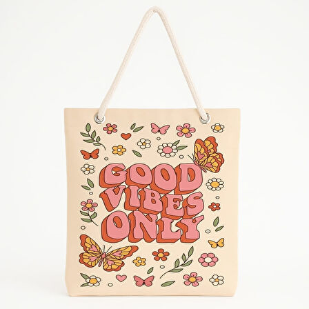 Good Vibes Only Temalı Çiçekli Plaj Çantası