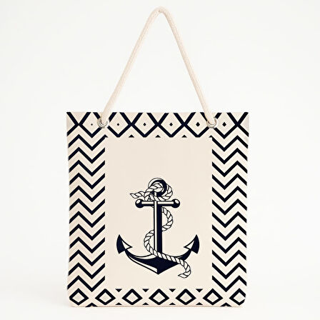Halatlı Çapa Desenli Siyah-Beyaz Plaj Çantası