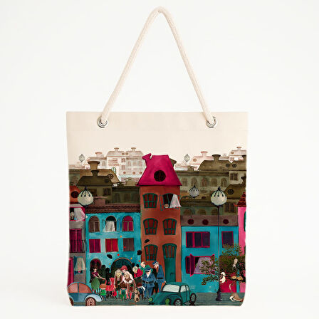 Renkli Sokak Manzaralı Plaj Çantası