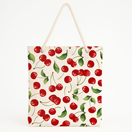 Kiraz Desenli Krem Plaj Çantası