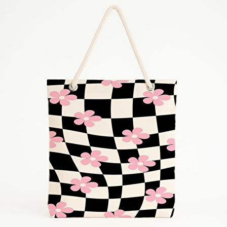 Çiçekli Dama Desenli Plaj Çantası