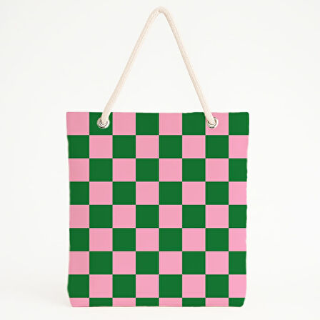 Yeşil-Pembe Kareli Plaj Çantası