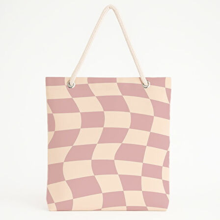 Kare Desenli Bej-Lila Plaj Çantası