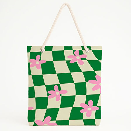 Çiçekli Dalgalı Kareli Plaj Çantası