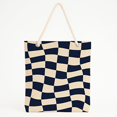 Lacivert-Bej Kareli Plaj Çantası