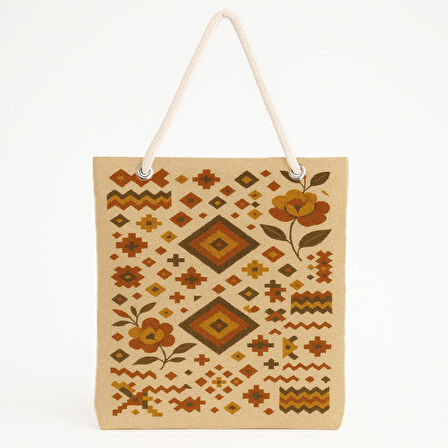 Folk-Art Desenli Bej Plaj Çantası