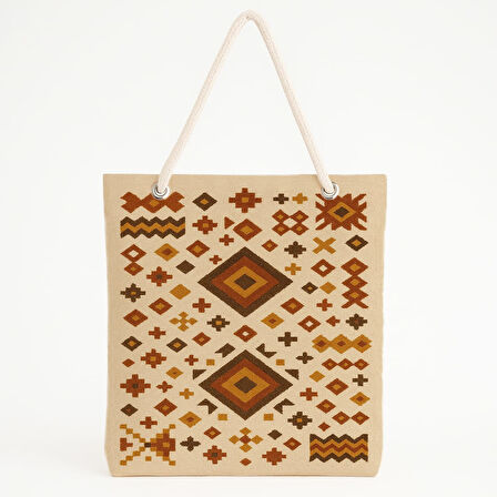 Etnik Elmas Desenli Bej Plaj Çantası