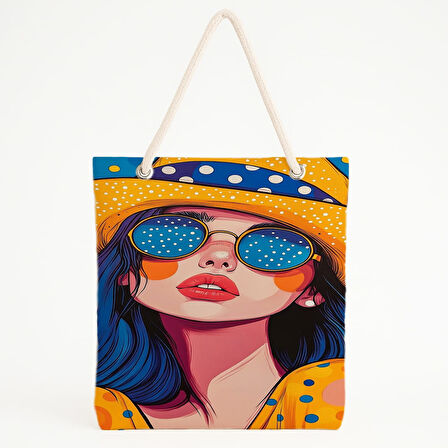 Puantiyeli Mavi Saçlı Kadın Plaj Çantası