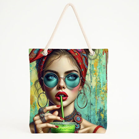 Tropikal İçecekli Kadın Temalı Plaj Çantası