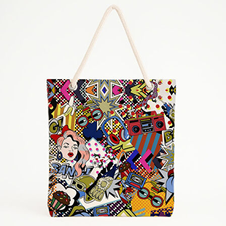 POP! Panelli Retro Grafik Plaj Çantası