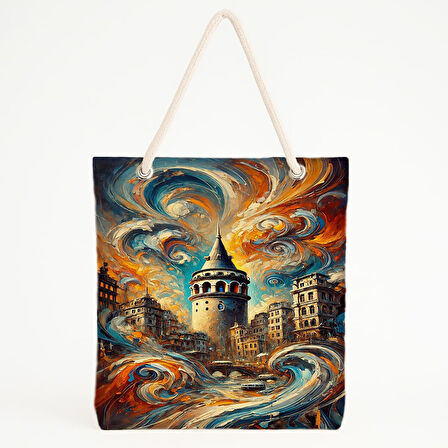 Galata Kulesi ve Dalgasal Gökyüzü Plaj Çantası