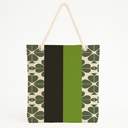 Yeşil Şeritli Yonca Motifli Plaj Çantası