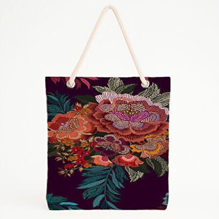 Mor Zeminli Çiçek Desenli Plaj Çantası